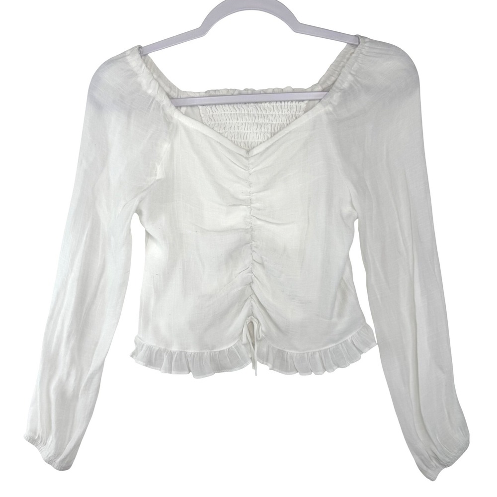Beautees Womens White Smocked Long Sleeve Ruffle Hem Blouse Top Large‎